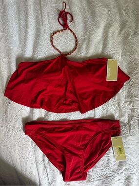Michael Kors Red Flounce Halter Bikini Set with Gold Chain Detail